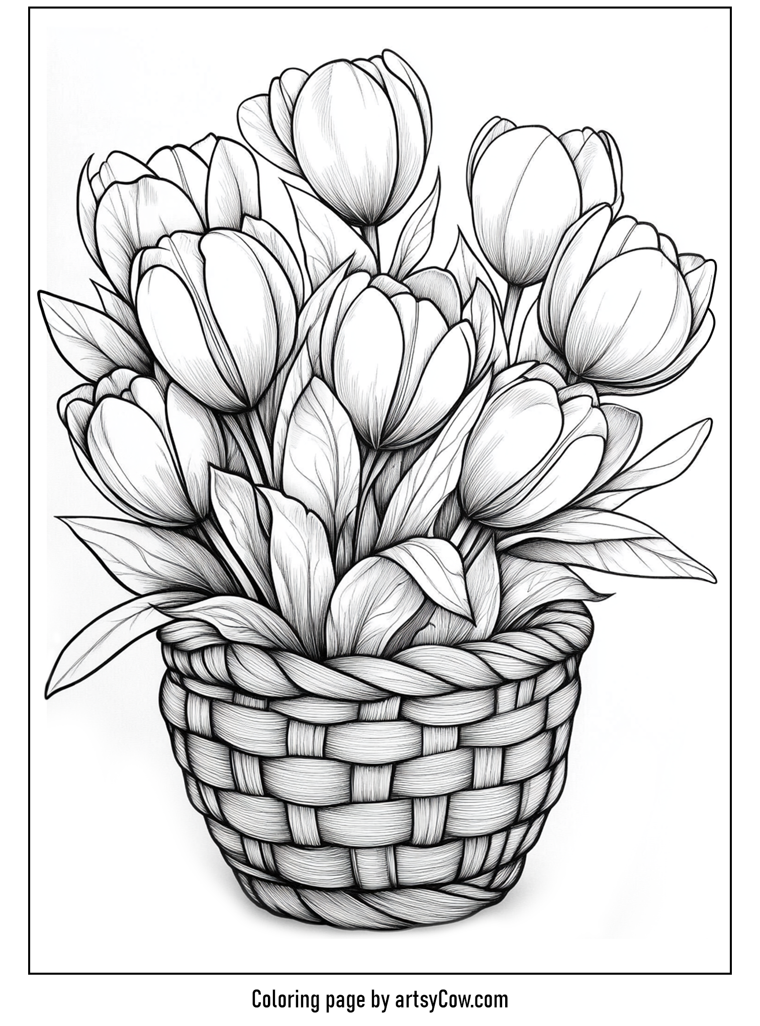 Tulip Coloring Pages featuring a detailed illustration of blooming tulips in a woven basket, ideal for coloring enthusiasts.